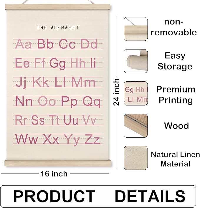 HRQKO Alphabet Numbers Poster Hanger Frame Set of 2, Pink Girls Nursery Wall Decor, ABC Poster Wall Art with Wooden Frames, Pink Alphabet Banner Wall Hanging Decor for Toddler Playroom, 16x24 inch