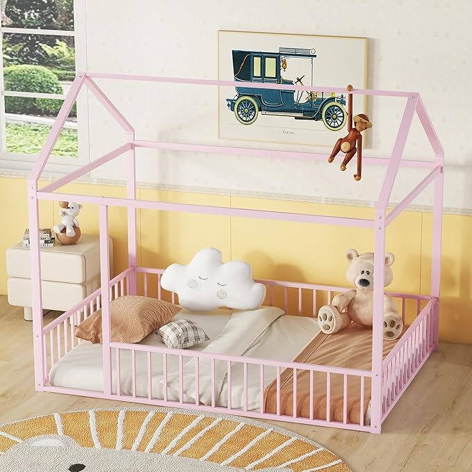 Bellemave Full Size Montessori Floor Bed, Metal House Bed Framefor Kids, Montessori Floor Beds with Fence, Playhouse for Kids, Pink