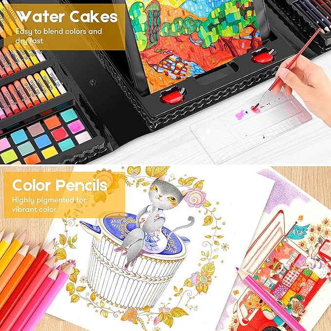 iBayam Back to School Supplies for Kids Teen Girls Boys, Art Set Case with Trifold Easel, Scratch Paper, Sketch Pad, Coloring Book, Crayons, Pencils, Oil Pastels, Watercolors, Sharpener