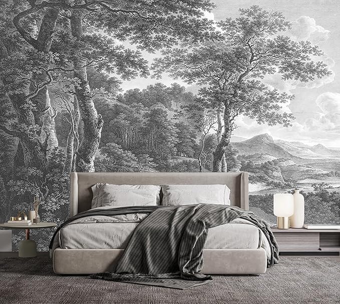 -Vintage Forest Fabric Wallpaper Grey Tree Mural Living Room 140" x 91" (Not Peel and Stick)