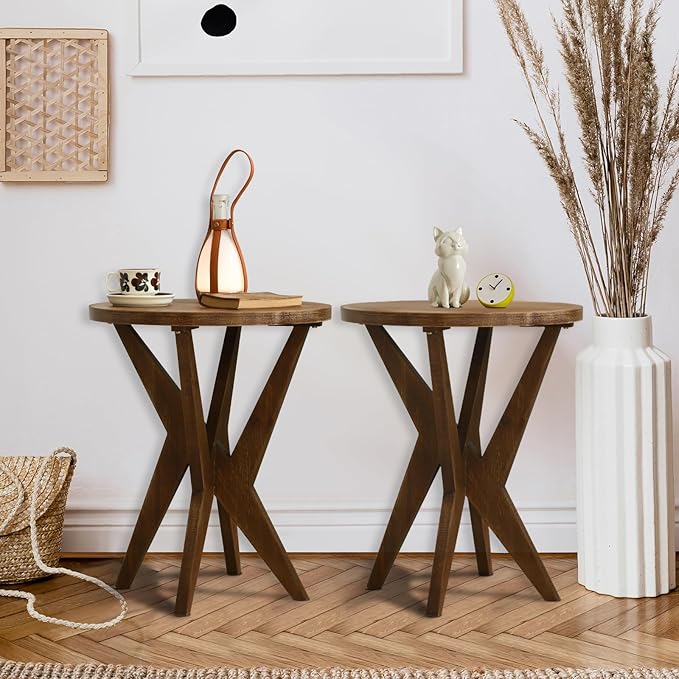 Farmhouse Round End Table Set of 2 with MDF Top and Crossed Legs, Mid Century Modern Side Table Small Accent Table for Small Space Stable Nightstand for Living Room, Natural Wood