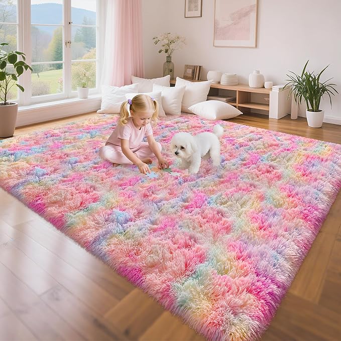 Cute Unicorn Rug for Girls Bedroom, 6x9 Plush Fluffy Princess Rainbow Area Rug for Girls Room Soft Big Shag Carpet for Living Room Baby Toddler Kids Room Colorful Kawaii Room Decor