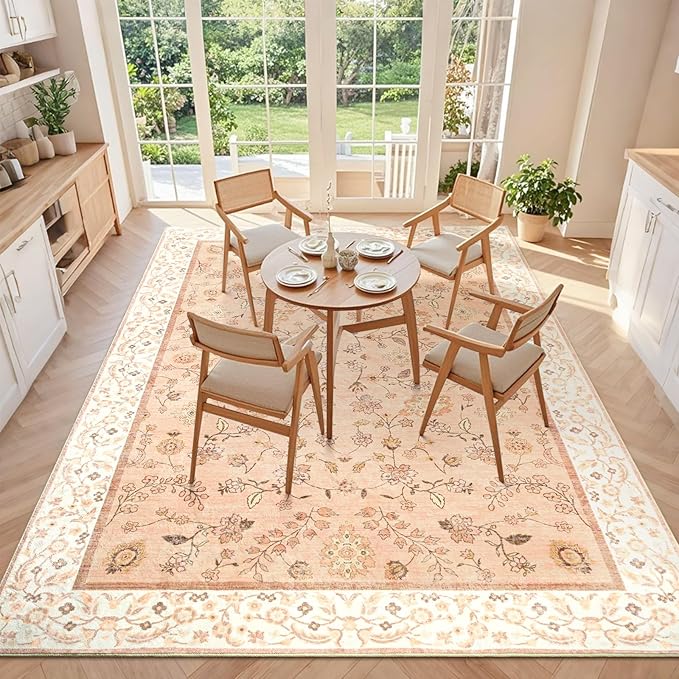 8x10 Rugs for Living Room, Orange Washable Floral Area Rug for Bedroom, Soft Non Slip Indoor Low Pile Carpet for Kitchen Dining Room, Large Boho Throw Carpets for Kids Nursery Office Dorm Home Decor