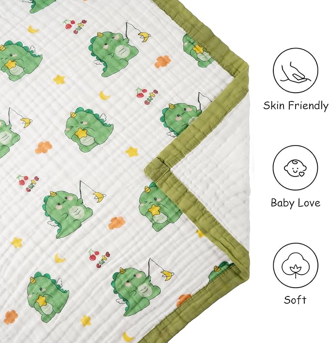 Muslin Baby Blankets, Nursery Blankets for Boys Girls, Swaddle Blankets Neutral Soft Lightweight Toddler and Kids Throw Blankets (Green Dinosaur)