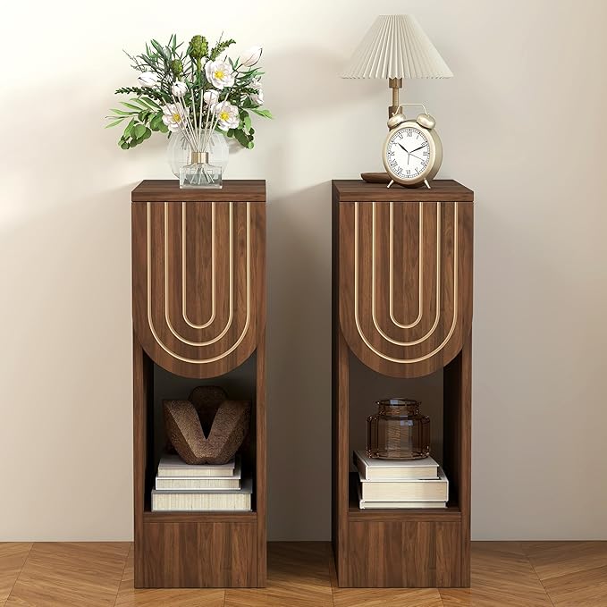 Narrow Nightstand, Mid-Century Modern Bedside Table with Carved Drawer and Storage Shelf, Slim Side End Table for Bedroom Small Space, Wooden Farmhouse Night Stand (1, Walnut)