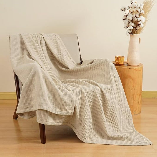 PHF 100% Cotton Waffle Muslin Throw Blanket Large 50" x 70", Lightweight and Breathable Washed Cotton Blanket, Aesthetic Soft Muslin Waffle Bedding for Sofa Bed Home Decor, Oak