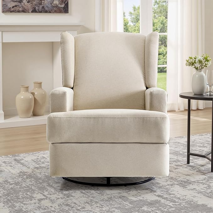 UIXE Swivel Glider Recliner Chair for Adults, Fabric High Back Accent Chair Nursery Rocker for Living Room, Upholstered Manual Reclining Sofa Seating with Deep Seat - Beach