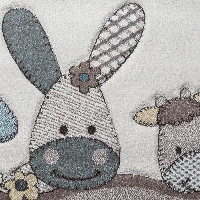 Paco Home Kids Rug Cute Farm Animals in Cream Beige Blue, Size: 4'4" Square