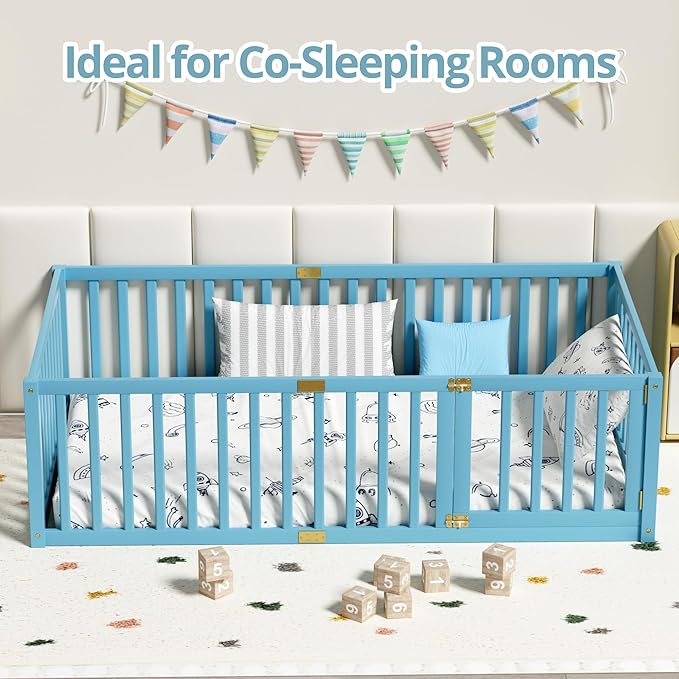 LLS Twin Size High Fence Floor Bed, Solid Wood Multifunctional Montessori Bed Frame with Door for Toddler Kids, Without Slats, Sky