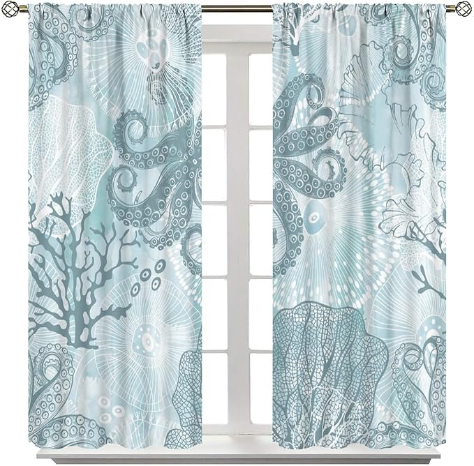 Coastal Window Curtains,Nautical Beach Themed Thermal Insulating Blackout Curtain for Living Room, Bedroom Set 2 Panels,55x63 Inches