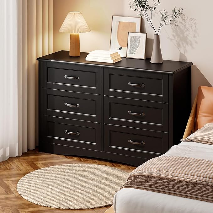 Gizoon 6 Drawer Dresser for Bedroom，47'' Larger Chest of Drawers with Mental Handle for Kids Room, Black Dresser with 6 Storage Drawers for Living Room, Entryway and Hallway, Black