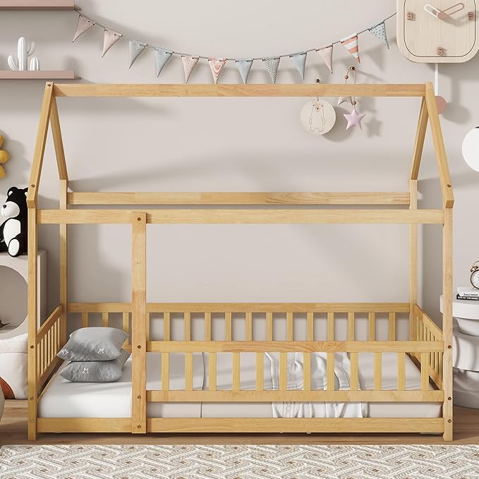 Ball & Cast Twin Size Floor Bed,Montessori Bed with Roof & Safety Guardrails Design,Wooden Toddler House Bed Frame W/Open Door,for Girls Boys,Natural