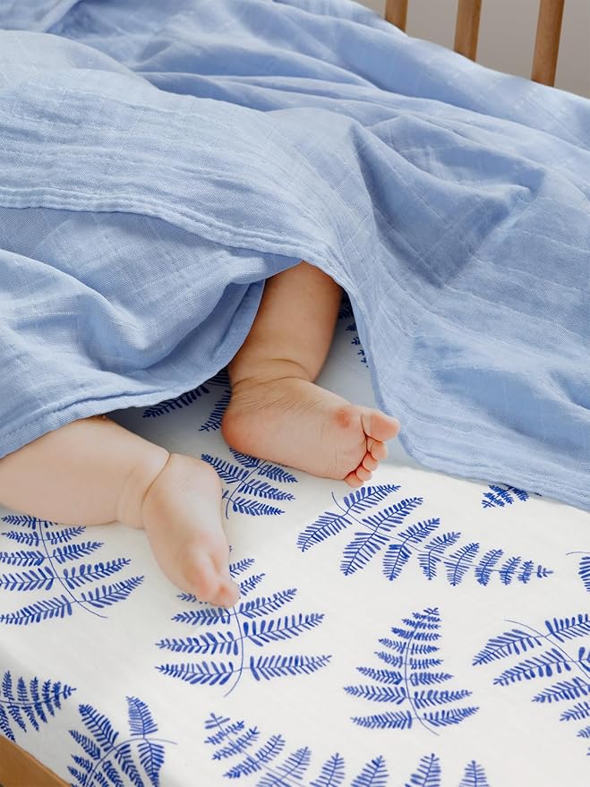 Margaux & May Organic Muslin Swaddle Blankets 2 Pack - 100% Organic, Large 47x47 Inches, Breathable Baby Blankets, Blue Fern and Solid Blue