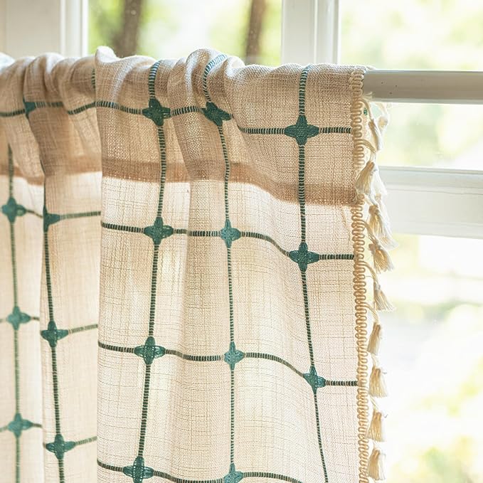 Deeprove Boho Curtain Valance 18 Inches Length Bohemian Lattice Gingham Textured Embroidery Plaids, Vintage Chic Tassels Casual Easter Decor Drapes Rod Pocket, 1 Panel W52 x L18 Beige Turquoise