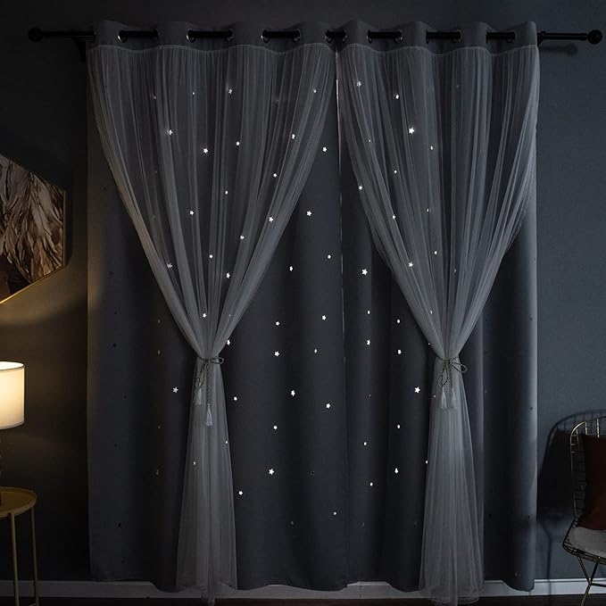 Kinryb Kids Star Cutout Curtains for Bedroom/Living Room/Classroom,2 Free Tiebacks Sheer Overlay 95 Inches 2 Panel Set, Double Layer Curtains for Kids Room(W52xL95 Inches,Greyish White 2 Pcs)