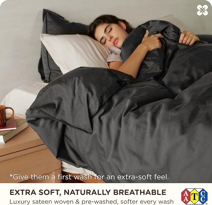 Bedsure Cotton Duvet Cover Queen, 100% GOTS Organic Cotton Duvet Cover Set, Fair Trade Certified Queen Bedding, Eco-Friendly, Ultra-Soft, Breathable Home Bedding for All Seasons(Dark Grey, 90"x90")