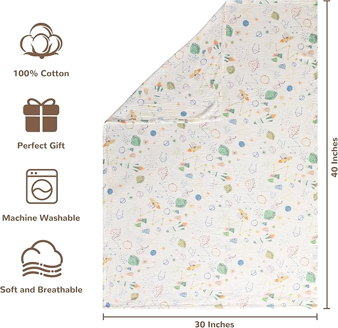 NTBAY 4 Layer Muslin Cotton Toddler Blanket, 30x40 Soft and Breathable Receiving for Newborns and Infants, Perfect for Crib, Stroller, Travel, Lightweight Nursery Blanket, Space Explorer