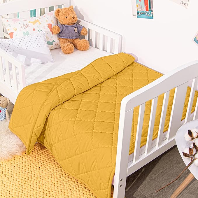 Down Alternative Oversized Toddler Comforter 43x60, Lightweight Warm Solid Color Baby Crib Quilted Blanket for Boys Girls, Yellow