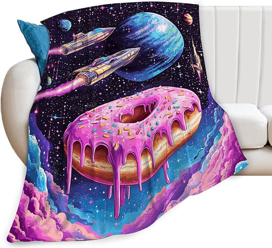 Donut Blanket Space Donut Decor Throw Blanket Super Soft Flannel Lightweight Fluffy Plush Cozy Fuzzy Fleece Food Blanket Gifts for Girl Boys Woman Man Kids Adults for Bed Sofa Couch 40"X50"
