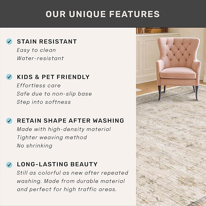 Washable Ivory Living Room Rug, 8x10 Non Slip Area Rugs for Bedroom, Dinning Room Under Table Low Pile Neutral Farmhouse Vintage Foldable Decor