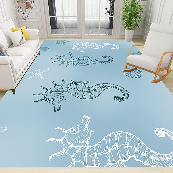 Seahorse Starfish Area Rugs, 4x5ft, Coastal Marine Animal Shell Nautical Rug for Bedroom, Pet Friendly Absorbent Carpet, Floor Decor Dirty Resistant Durable Mat for Bath Room Girls Boys