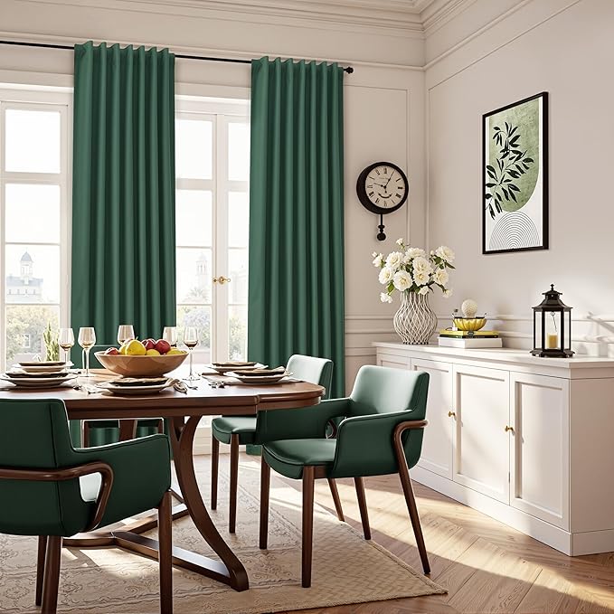 Green Linen 100% Blackout Curtains 120 Inches Long 2 Panels Set Modern Textured Room Darkening Thermal Insulated Noise Cancelling Patio Door Bedroom Dining Room Back Tab Hook Belt 52x120 10Ft