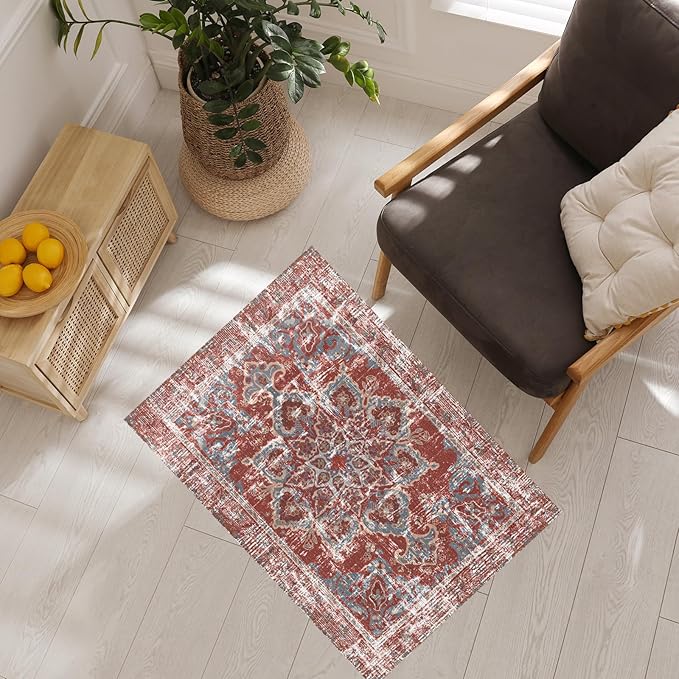 Vhong Vintage Area Rugs Boho Washable Neutral Modern Brick Red Burgundy 2x3 Non Slip Small Carpet for Hallway Bathroom Entryway