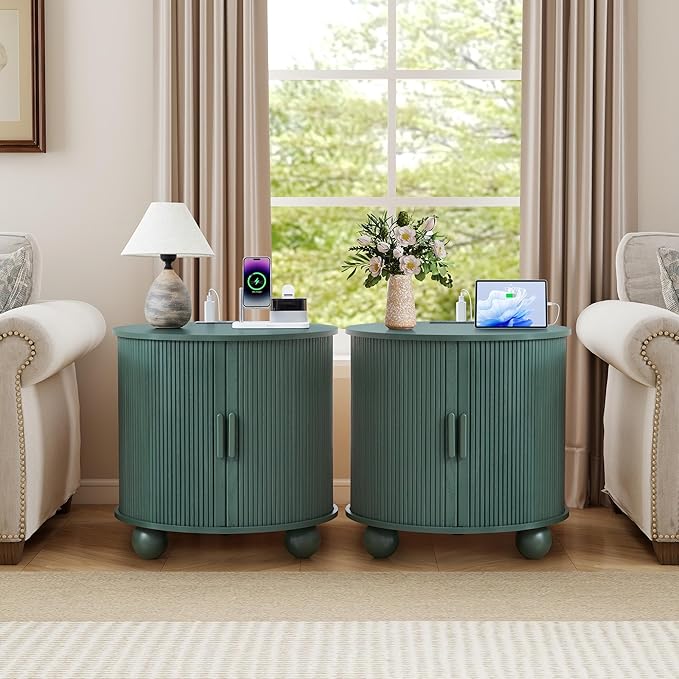 AVZEAR 24" Large Round End Table with Charging Station, Farmhouse Fluted Sofa Side Table with Sliding Tambour Door & Storage, Mid-Century Wood Nightstand for Living Room, Bedroom, Green