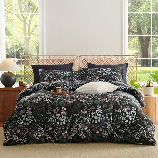 Floral Duvet Cover Twin 2 Pieces Elegant Flower Bedding Set Farmhosue Aesthetic Bedding Soft Microfiber Black Duvet Cover Set with 1 Pillowcase