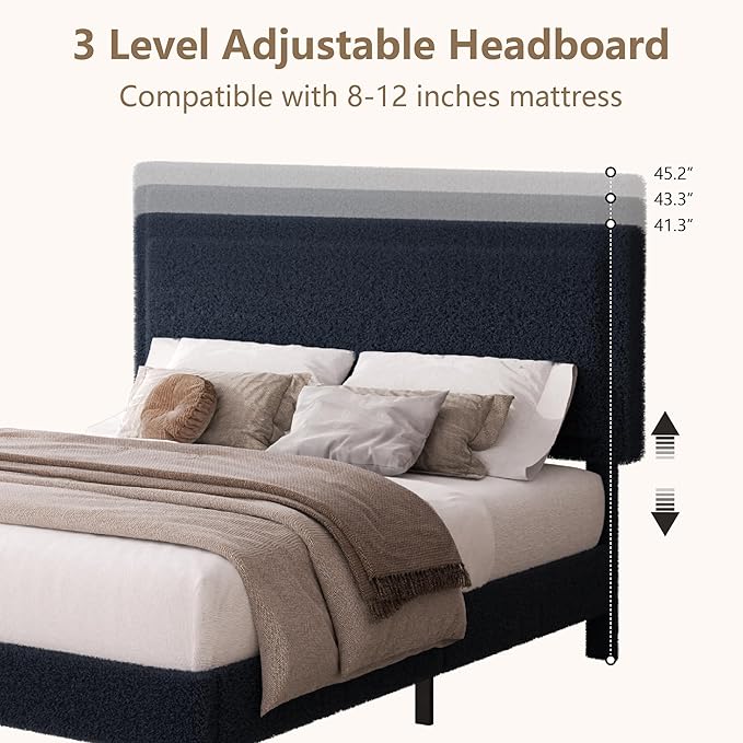 Full Size Boucle Bed Frame, Upholstered Platform Cloud Bed Frame with Headboard, Soft Teddy Fabric, Modern Style, No Box Spring Required, Easy Assembly, Blue-Black