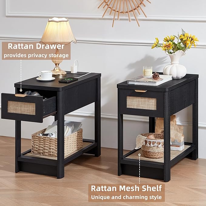 Lerliuo Narrow Night Stand with Charging Station, Boho Nightstand with Drawer, Bed Side End Table with Rattan Shelf for Small Spaces, Wood Nightstands Bedside Tables for Living Room Bedroom