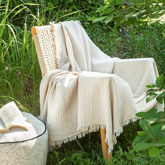 MooMee Muslin Blanket - 100% Cotton 4-Layer Gauze Throw Blanket with All-Around Fringe, Ultra-Soft Breathable Lightweight Cooling Decorative for Bed, Sofa & Couch (Beige,Twin XL 66" x 90")