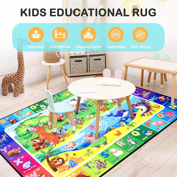 ABC Kids Rugs for Playroom 5x7FT Non-Slip Play Carpet Baby Play Mat for Floor Washable Alphabet Nursery Preschool Daycare Classroom Carpet