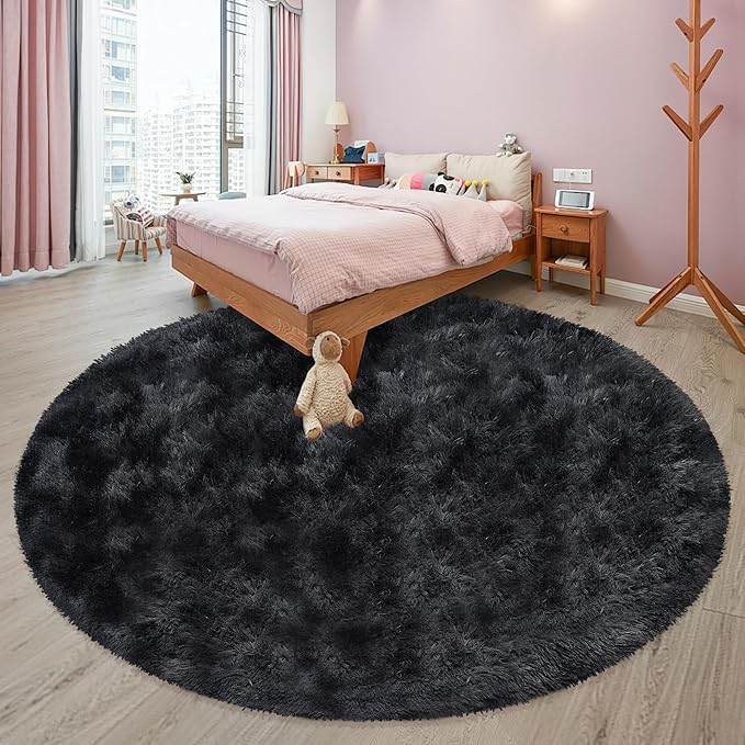 8 ft Round Fluffy Large Black Rug for bedroom,Tie Dyed Furry Round Carpet Non Slip Fuzzy Shaggy Plush Circle Big Area Rug for living room Room Nursery Room Playroom Kids Room Home Decor Washable