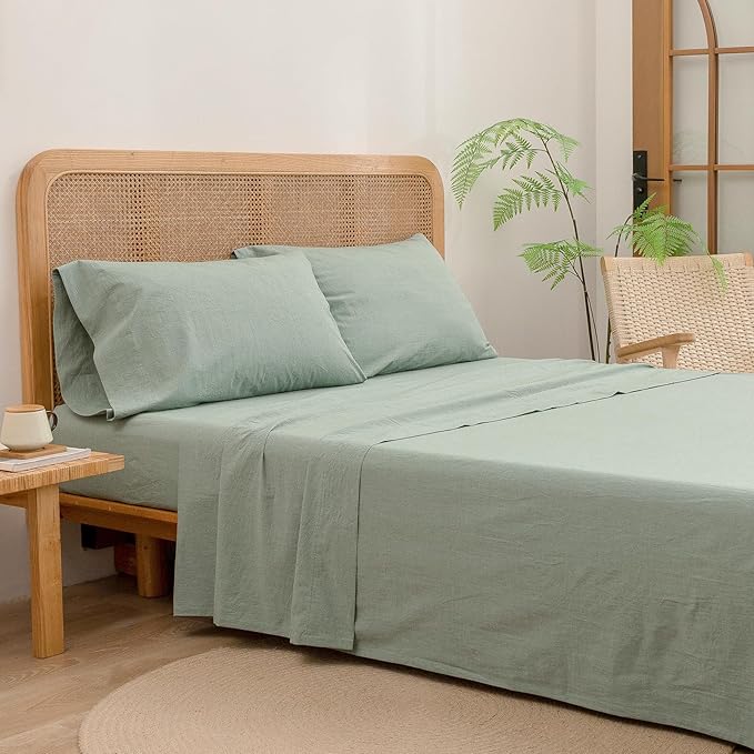 BESTOUCH Sheet Set 100% Washed Cotton Linen Feel Super Soft Comfortable Chic Lightweight 4 Pcs Home Bedding Set Solid Green King