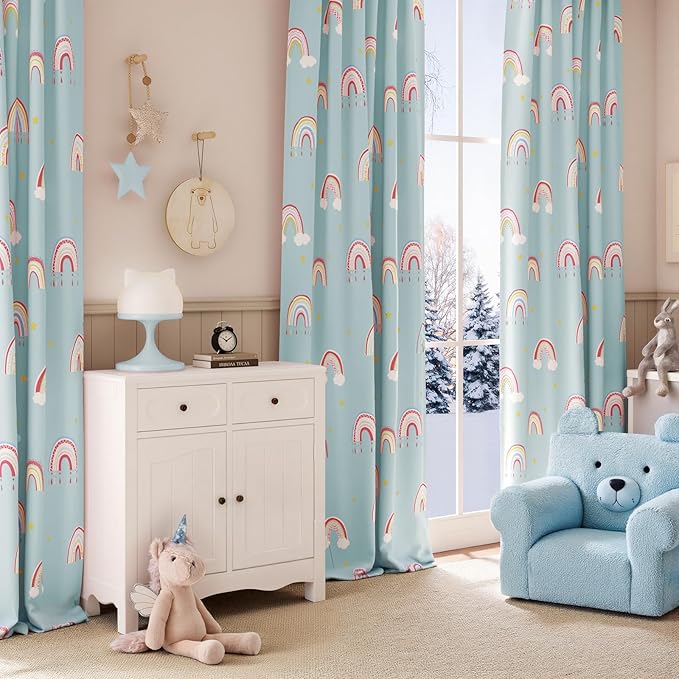 jinchan Nursery Blackout Curtains for Kids Room Rainbow Blue Curtains Cute Girls Bedroom Dorm Playroom Window Treatment Grommet Thermal Insulated Room Darkening 2 Panels 63 Inch Length