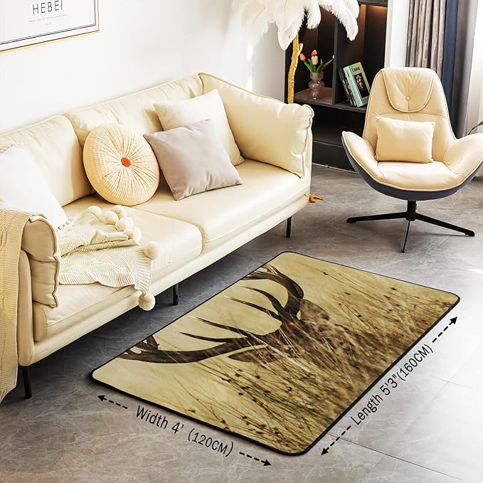 jejeloiu Antler Rug Retro Deer Rugs for Living Room Bedroom 20"(W) x32(L), Soft Rug,Countryside Rural Hunting Non-Slip Plush Floor Mats Decor