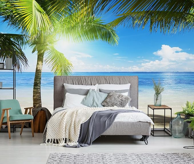 Coastal Wallpaper Tropical Palm Tree Beach Landscape Wall Mural for Living Room Bedroom（Not Peel and Stick）