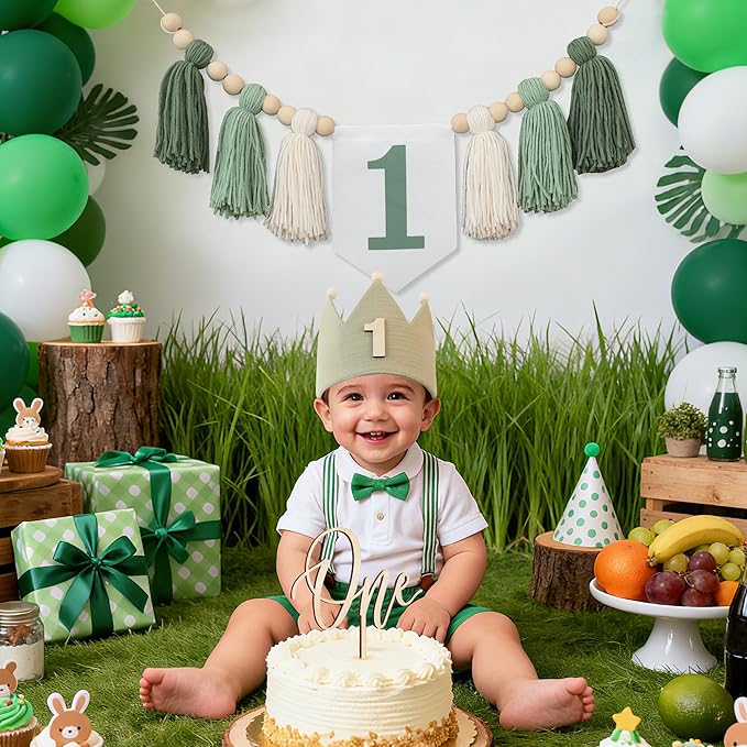 Wild One High Chair Banner For 1st Birthday Party Boy Decorations With Green Tassel Garland Crown Hat Cake Topper