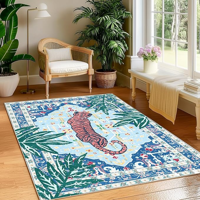 Tiger Rug 3x5 Blue Washable Non-Slip Boho Vintage Jungle Rug Whimsical Animal Print Soft Cozy Tropical Woodland Carpet for Bedroom Laundry Room Kitchen Hallway Entryway