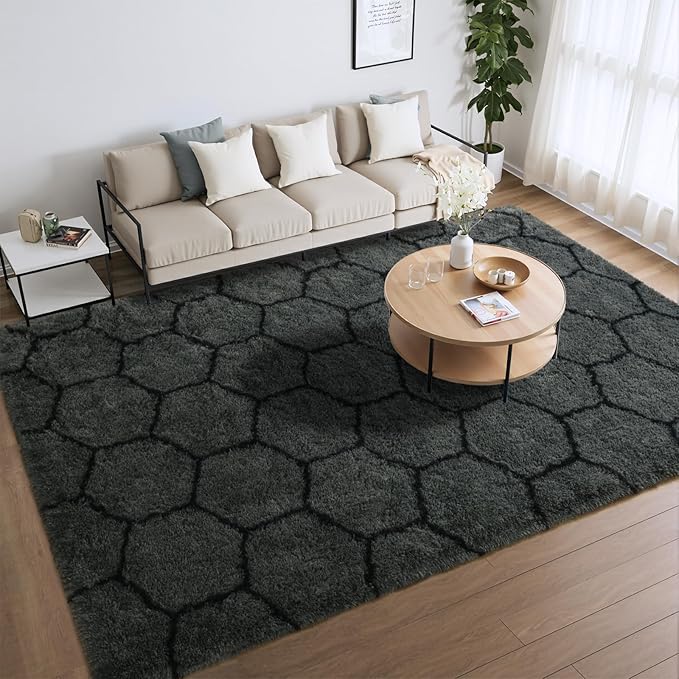 Meralax Hexagon Grey Rugs for Living Room Bedroom, 5x8 Soft Area Rug Fluffy Shaggy Bedside Rug, Machine Washable Indoor Gray Floor Carpet for Kids, Dorms, Nursery Rooms, Home Decor Aesthetic