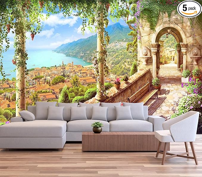 Beautiful Castle Wall Mural Overlooking The Forest and Mountains by The Lake, Italian Style Wallpaper for Interior Wall Decoration（Not Peel and Stick）