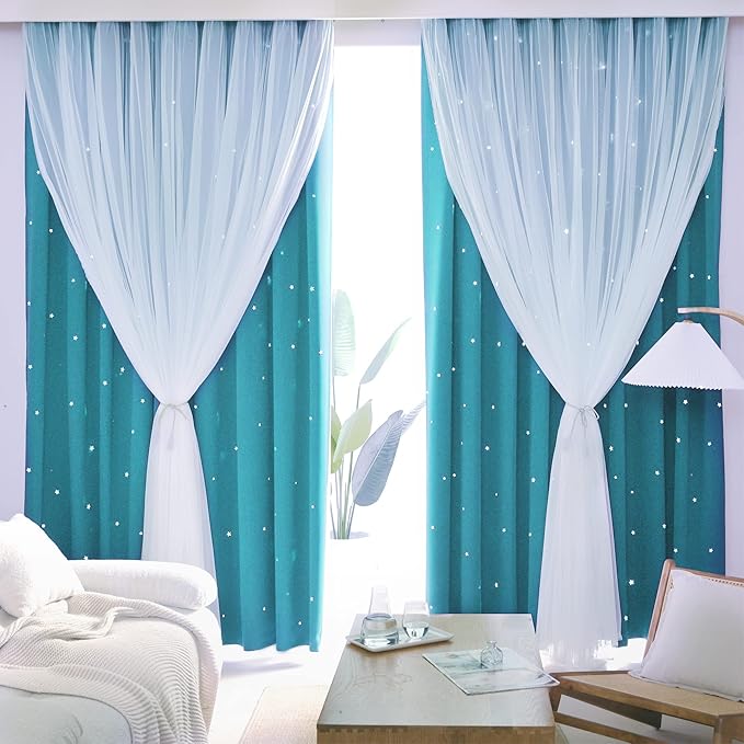 Kinryb Star Cutout Blackout 95 Inches Curtains Double Layer with Sheer Overly Curtains for Bedroom Thermal Insulated Window Treatment Set with 2 Free Tiebacks (52W x 95L 2 Panels Sky Blue)