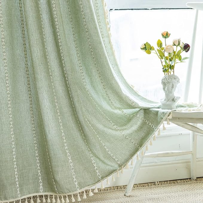 Deeprove Green Boho Curtain 72 Inches Long for Bedroom Living Room, Cotton Linen Weighted Stripes Embroidery, Semi Blackout Bohemian Farmhouse Window Treatment Drape Tassels 1 Panel W52 x L72, Sage