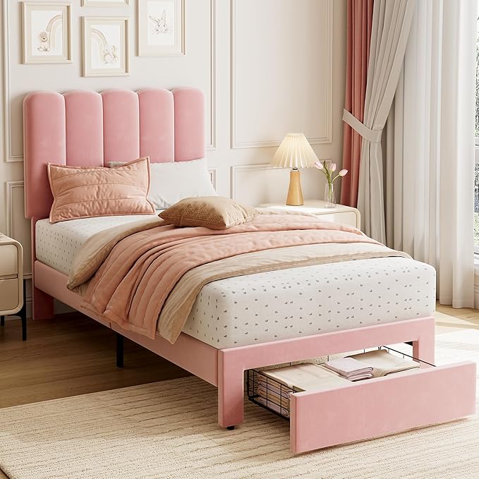 GarveeHome 2 Sets Twin Bed Frame with Under-Bed Drawer, Upholstered Platform Bed with Wave Headboard for Kids/Girls, Wooden Slats Support, No Box Spring Needed, Velvet Pink