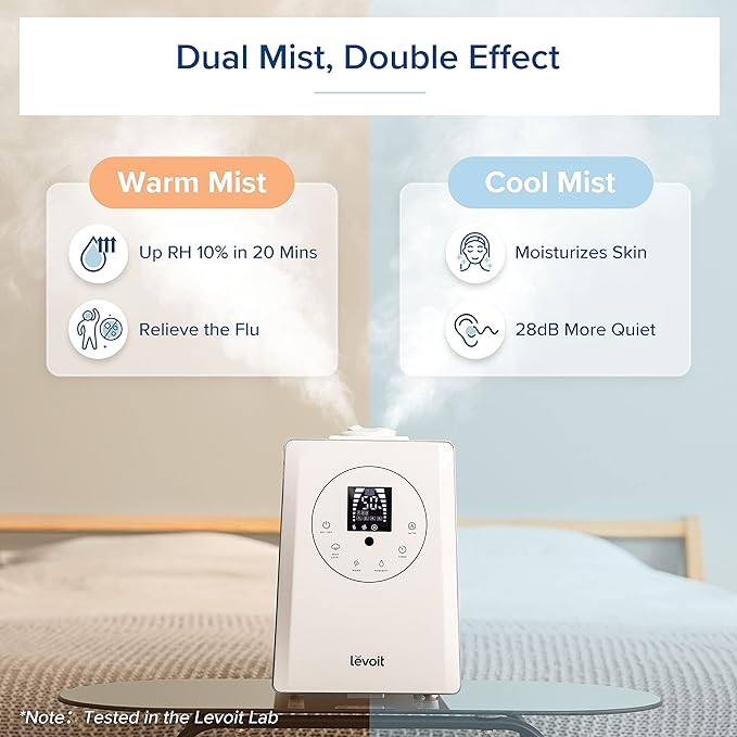 LEVOIT Humidifiers for Bedroom Large Room Home, 6L Warm and Cool Mist Ultrasonic Air Vaporizer for Plants and Whole House, Built-in Humidity Sensor, Essential Oil Diffuser, Whisper Quiet, Timer, White