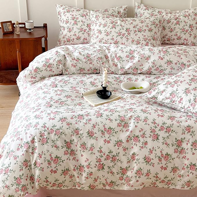 HighBuy Cute Floral Duvet Cover Twin Girl Ultra Soft Cotton Coquette Comforter Cover with Zipper Ties,Garden White Pink Floral Bedding Collection Twin,Extra Soft Floral Bedding Set 3 Piece