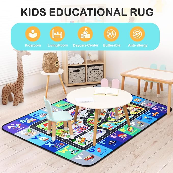 ABC Rug, Toddler Play Rug 4x6 Feet, Extra Thick (0.4in) Washable Baby Play Mat for Floor, Classroom Carpet Non-Slip for Learning, Alphabet, Nursery Mat for Crawling & Fun & Playroom Decor