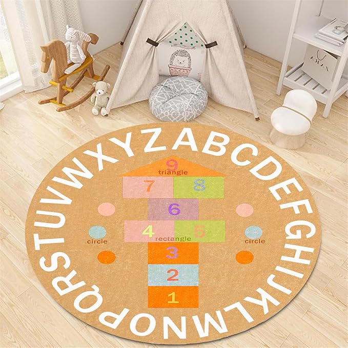 Children's Game Round Rug,3ft,ABC Alphabet Rug, Fun and Educational Hopscotchrug, Soft Non-Slip Children's Room Rug for Classroom, Nursery, Playroom, Playmat