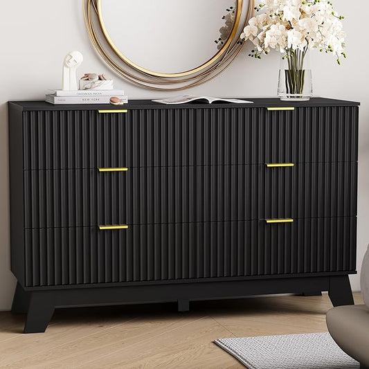 6 Drawer Dresser for Bedroom, Black Fluted Dressers Chest of Drawers with Gold Handle, Wood Mid Century Modern Dressers for Closet, Bedroom Dresser Storage Organizer for Living Room, Hallway